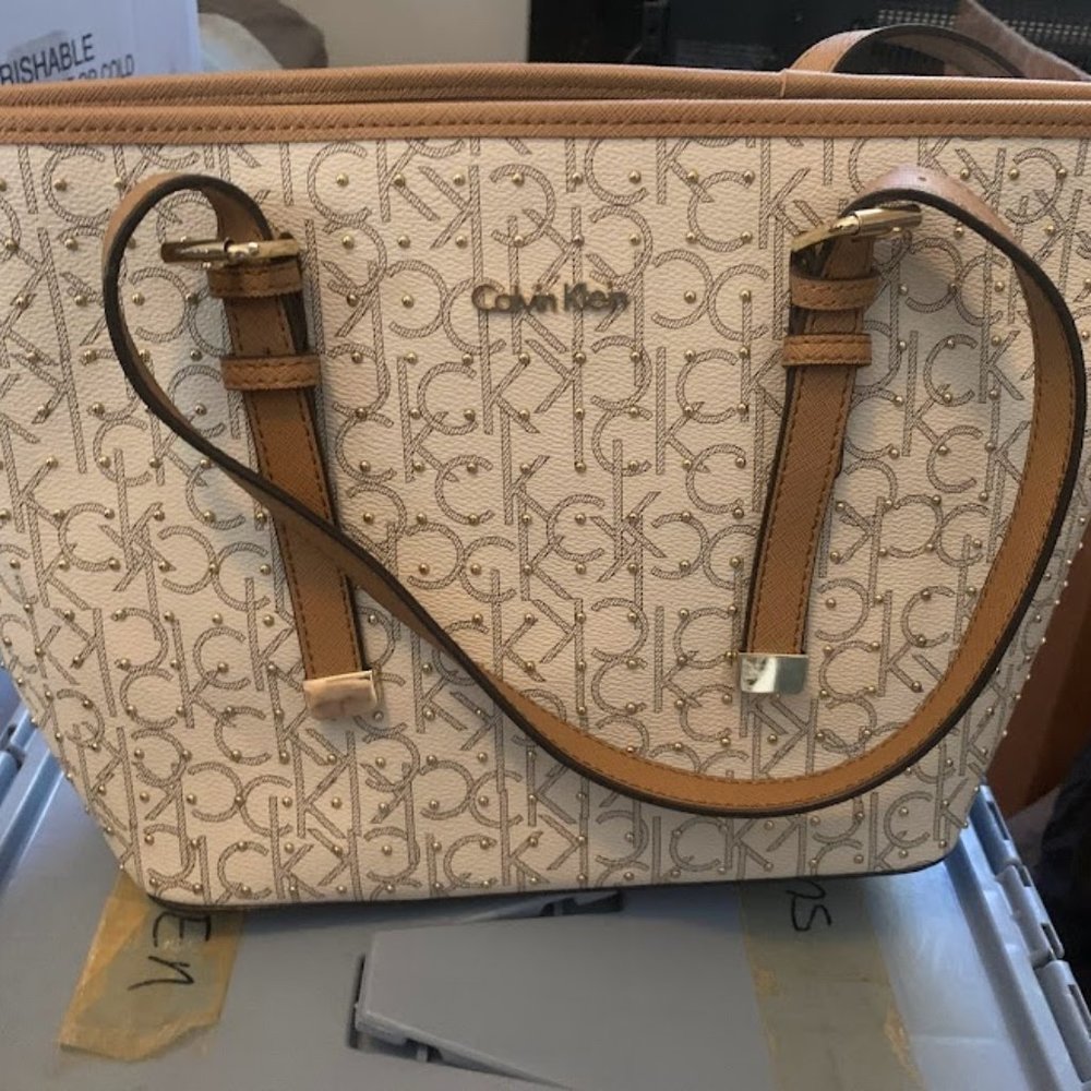 FREE SHIPPING! Designer Calvin Klein Signature Handbag Purse Studded Leather